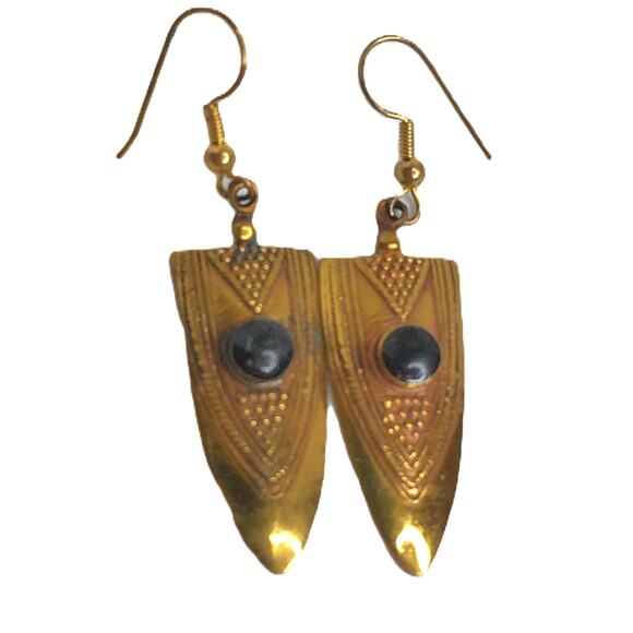 Vintage Brutalist Tribal Black Onyx ? Pierced Earrings READ - Picture 4 of 5